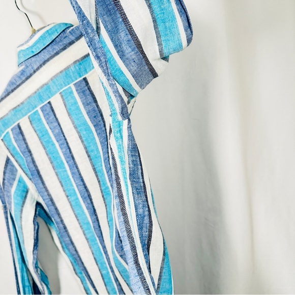 P. Langella Linen Button Down Italian Stripe Shirt Mediterranean Men’s M Blue - Picture 14 of 16